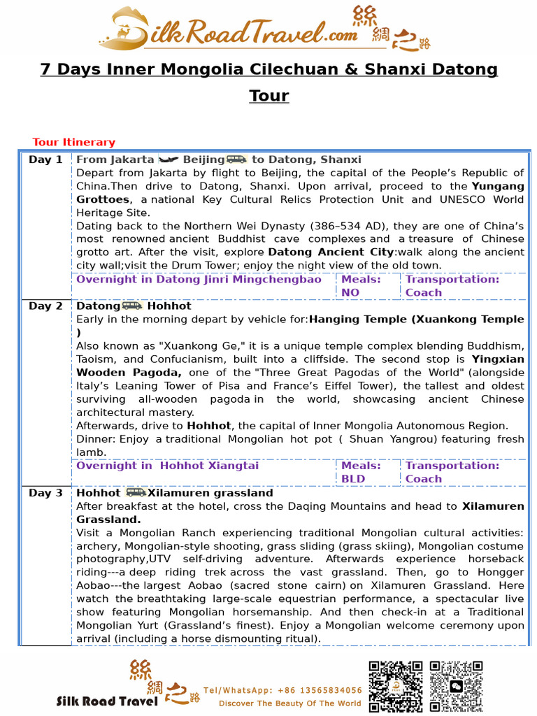7-Day Inner Mongolia & Datong Tour | PDF | Mongolia | Beijing