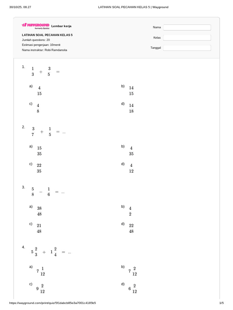 Latihan Soal Pecahan Kelas 5 | PDF
