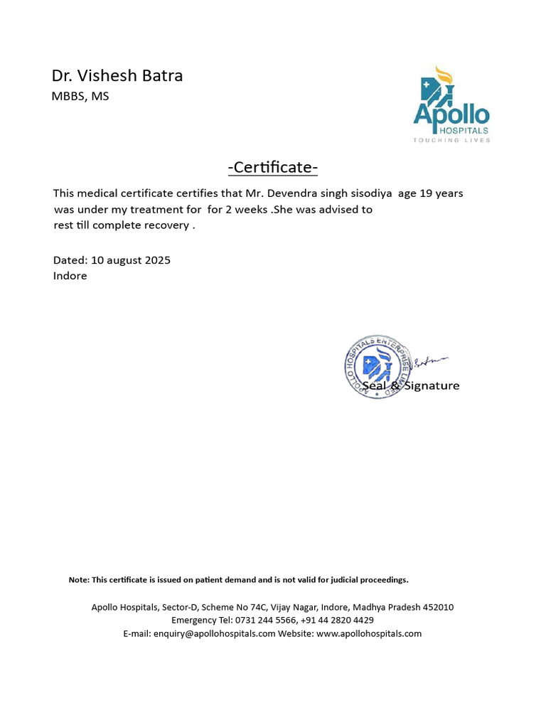 Medical Certificate for Devendra Singh | PDF
