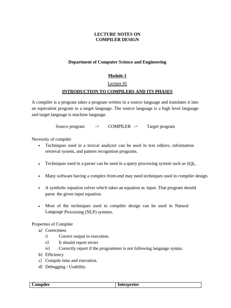 Compiler Design Lecture Notes Overview | PDF | Parsing | Compiler
