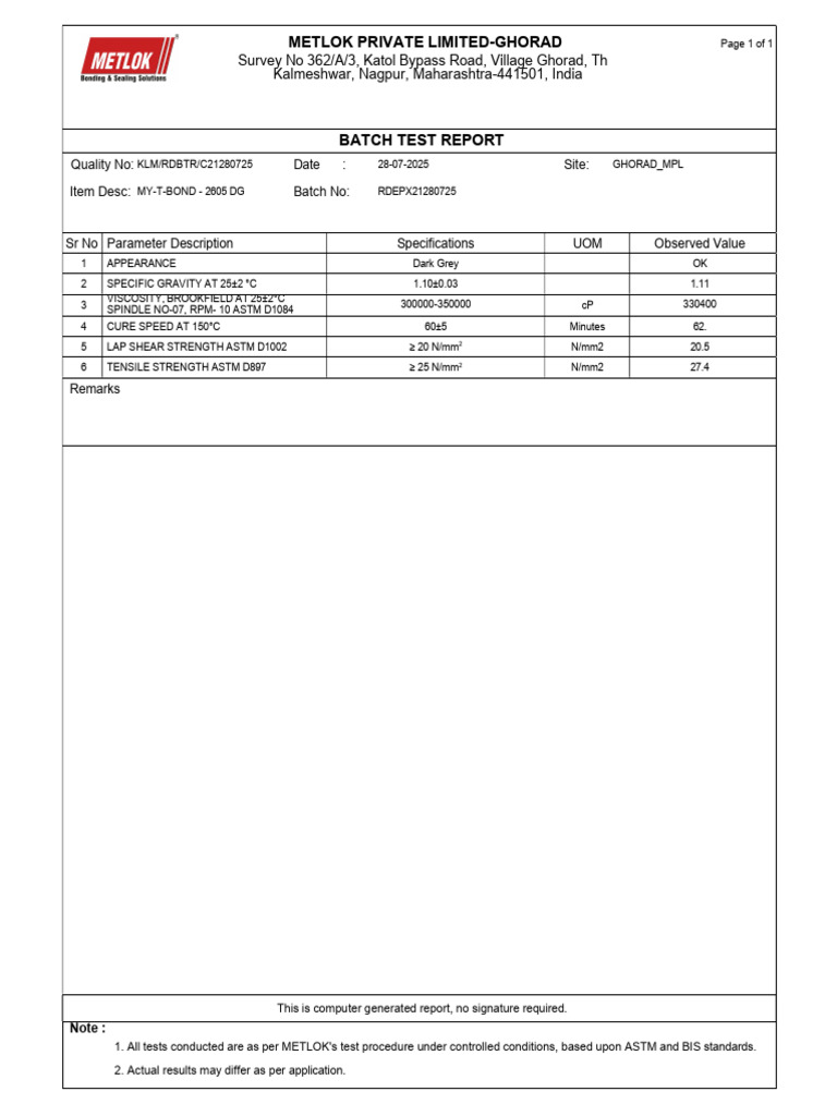 Metlok Batch Test Report for MY-T-BOND | PDF