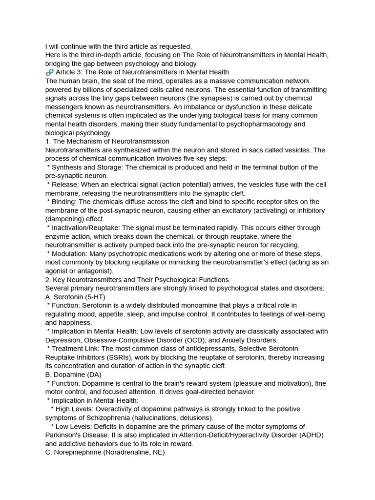 Neurotransmitters and Mental Health Insights | PDF | Neurotransmitter ...