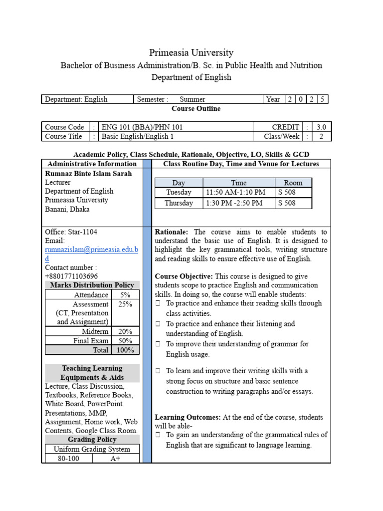 Course Outline BBA ENG 101_PHN 101 Regular (1) | PDF | Lecture ...