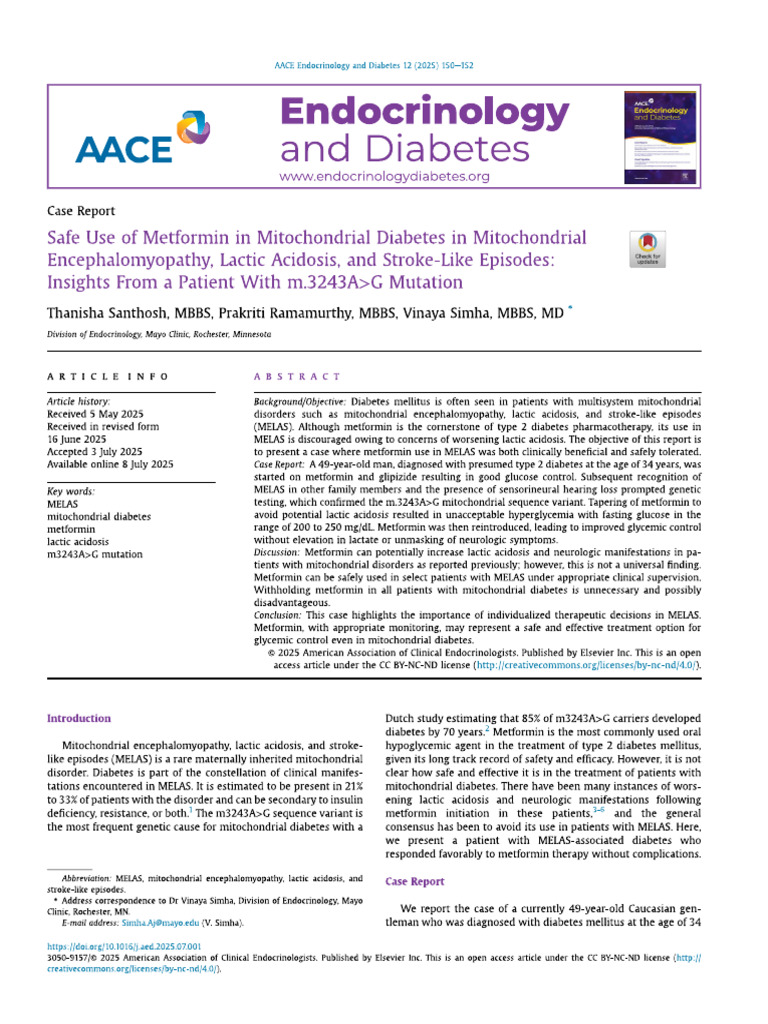 Safe Use of Metformin in Mitochondrial Diabetes in Mitochondrial | PDF