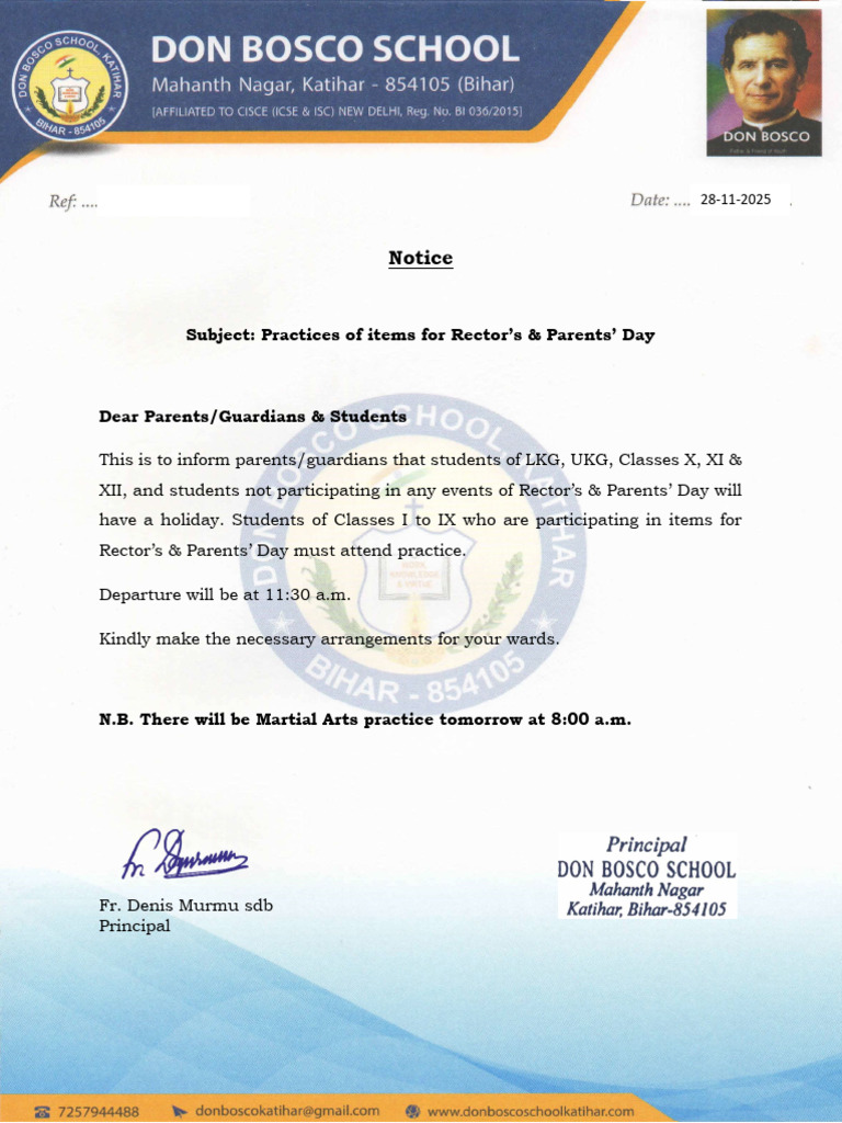 Notice- Practices of Items for Rector's & Parents' Day 2025- Dbsk | PDF