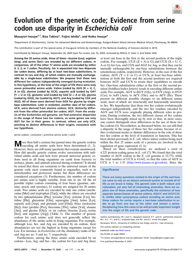 Inouye2020 Evolution of the Genetic Code Evidence From Serine Codon Use ...