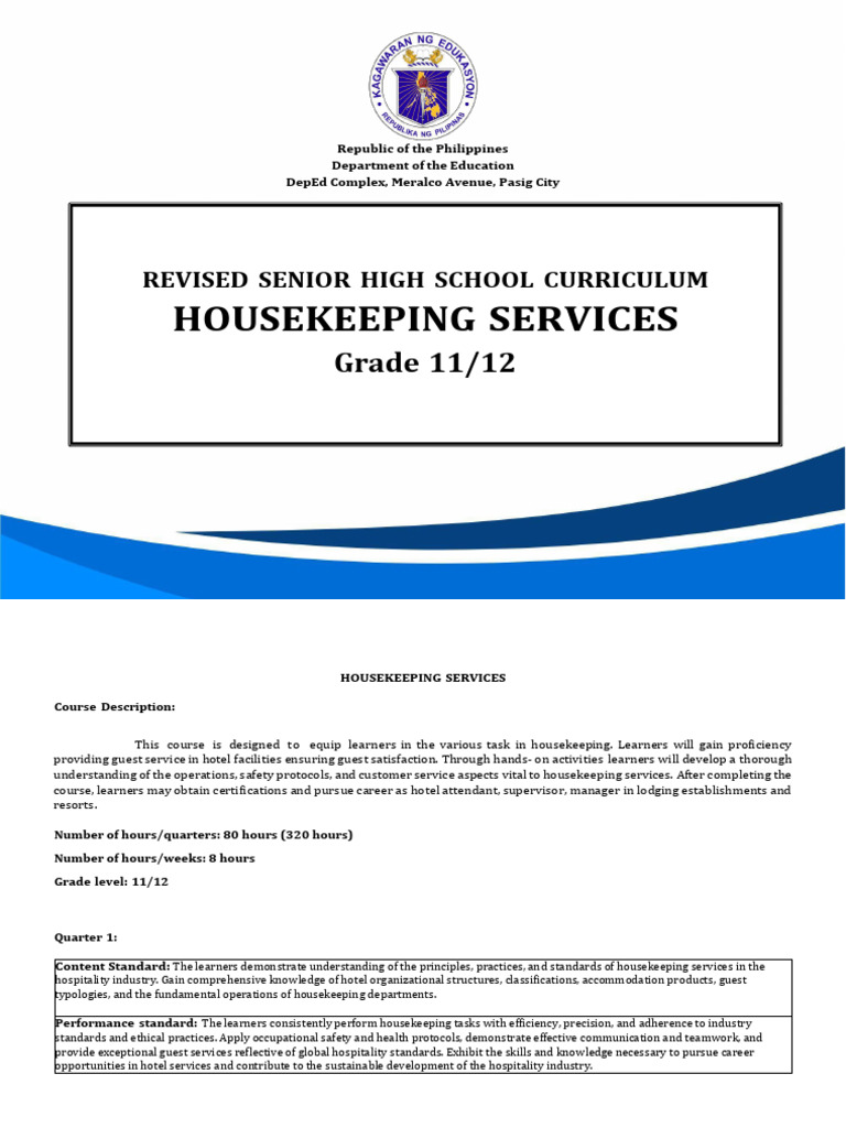 Housekeeping Services Curriculum for Grades 11-12 | PDF | Housekeeping
