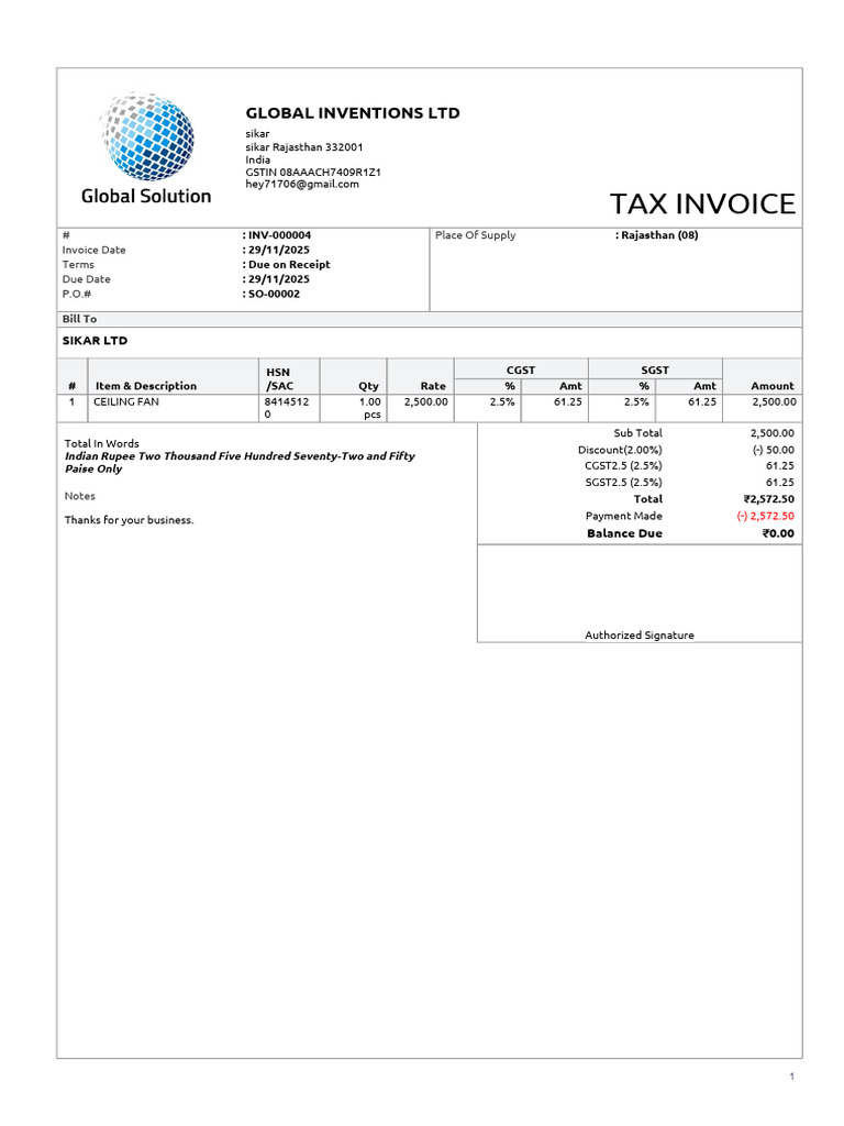 Tax Invoice for Ceiling Fan Purchase | PDF