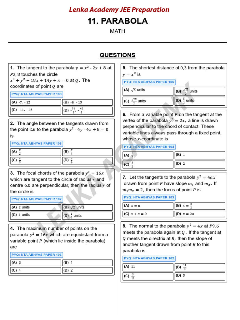 Parabola Math Questions for JEE Prep | PDF | Perpendicular ...