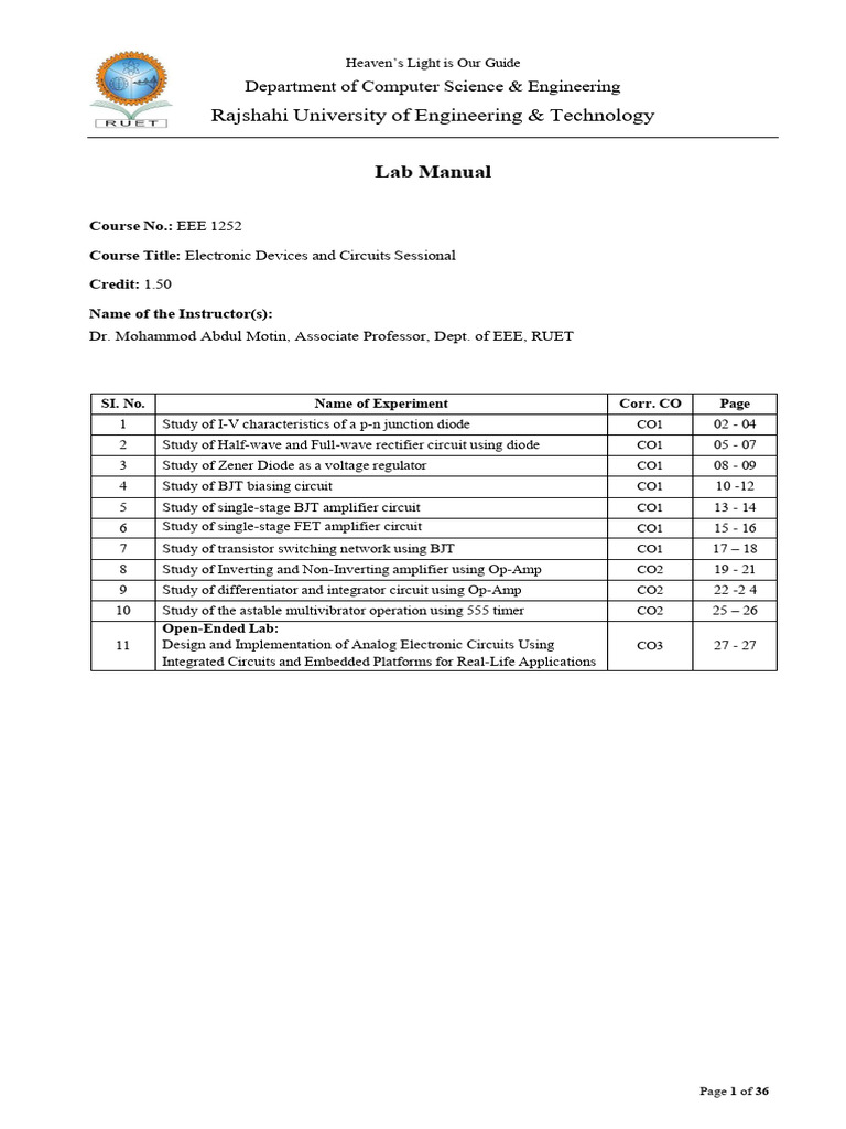 Electronic Devices Lab Manual Guide | PDF | Rectifier | Amplifier