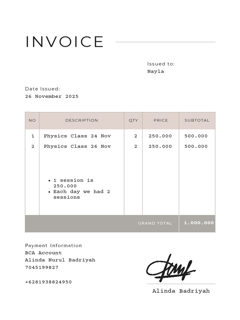 Invoice for Physics Classes - Nov 2025 | PDF
