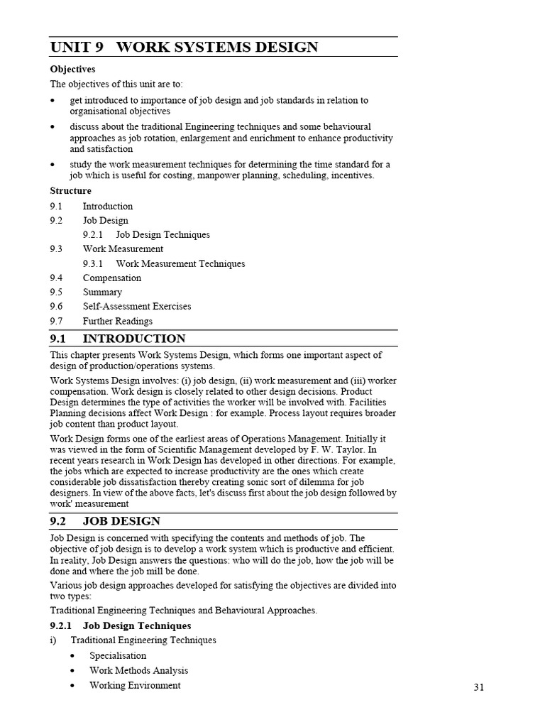 Work Systems Design: Job & Measurement Techniques | PDF | Lighting ...
