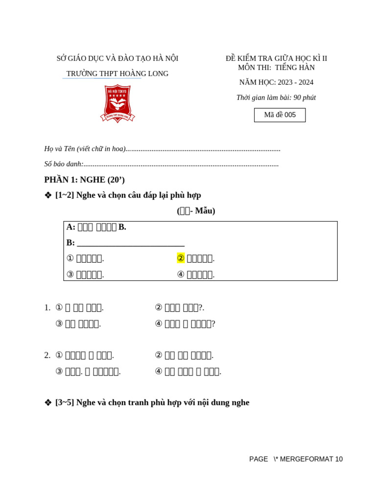 Mã đề 005 | PDF