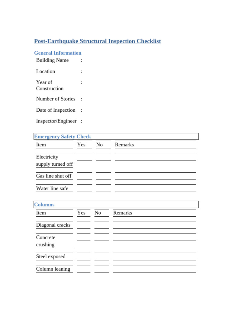 Post Earthquake Inspection Table | PDF