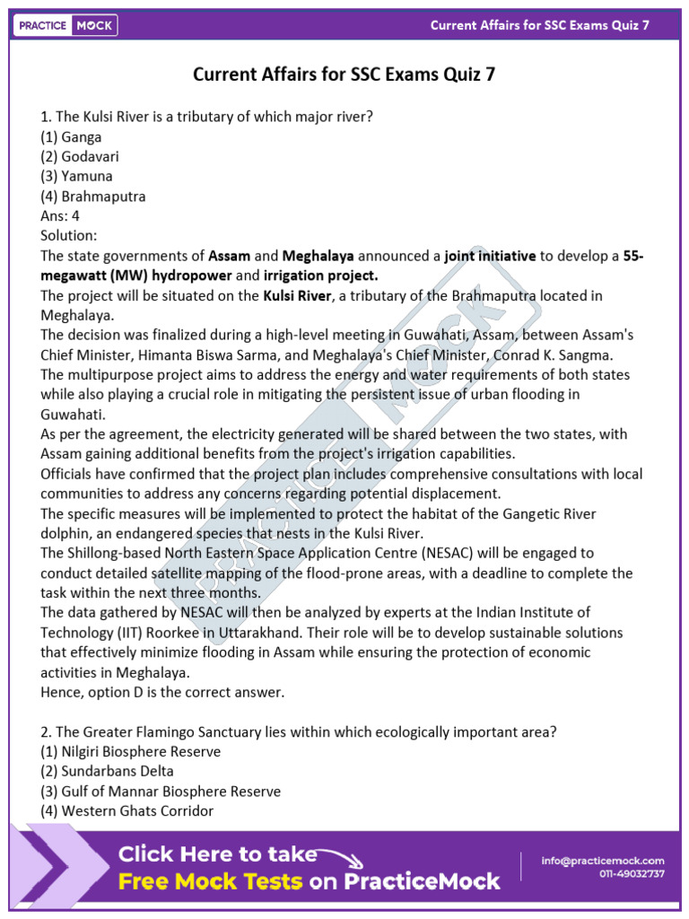 Current Affairs for Ssc Exams Quiz 7 | PDF