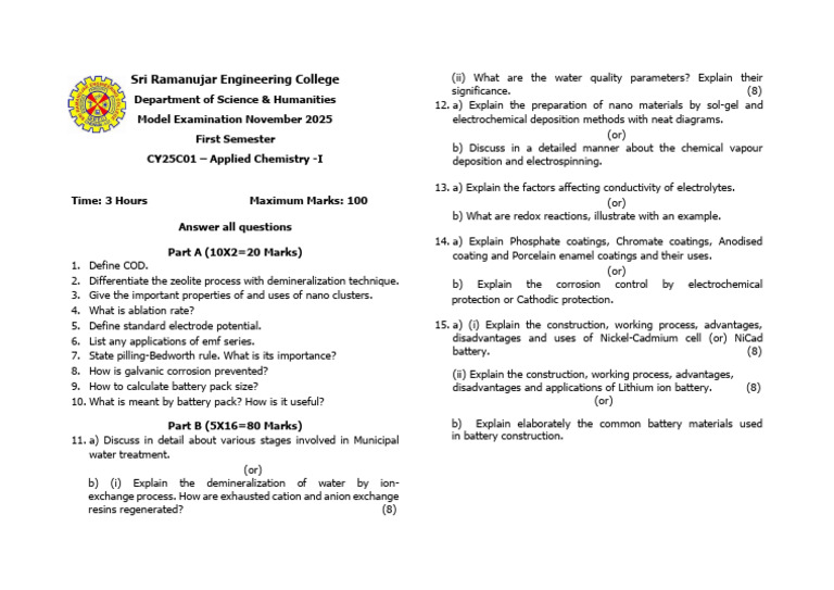 Applied Chemistry Exam November 2025 | PDF | Electrochemistry ...