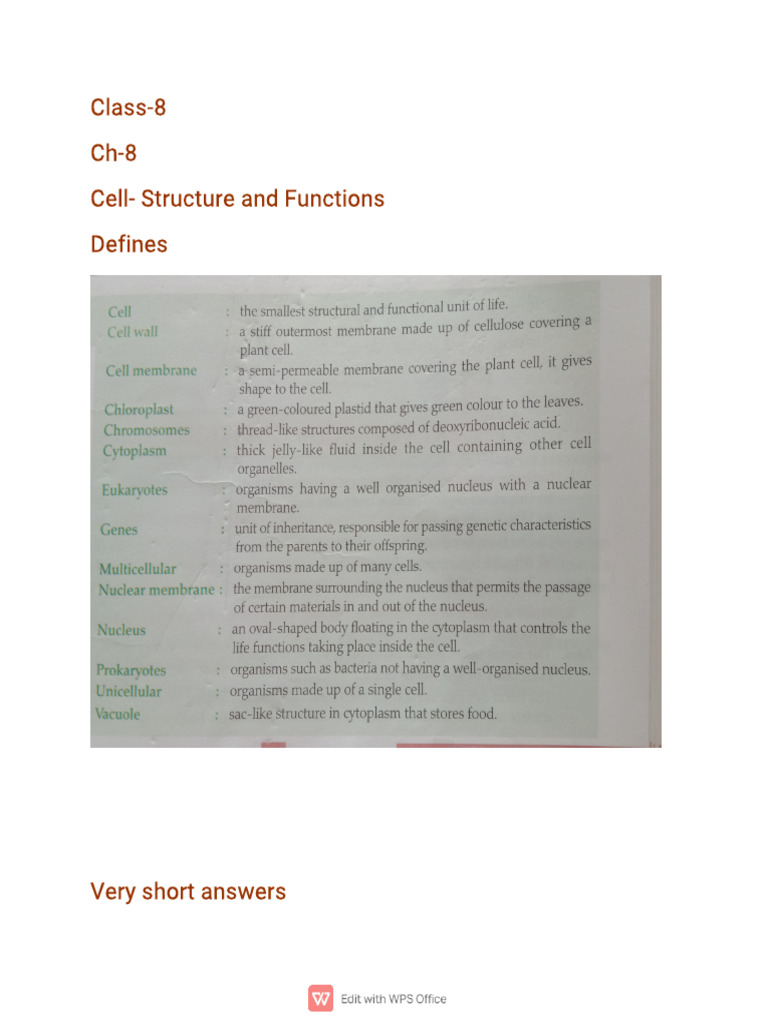 Class-8 Cell - Structure and Functions | PDF