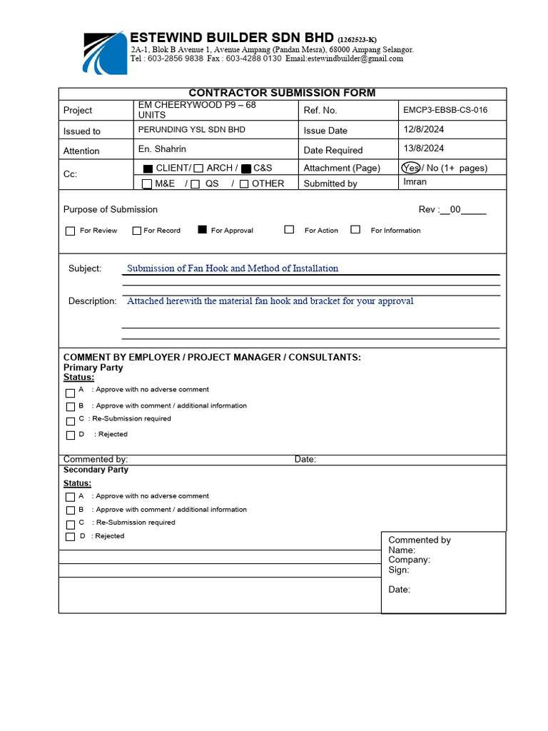Contractor Submission for Fan Hook Approval | PDF