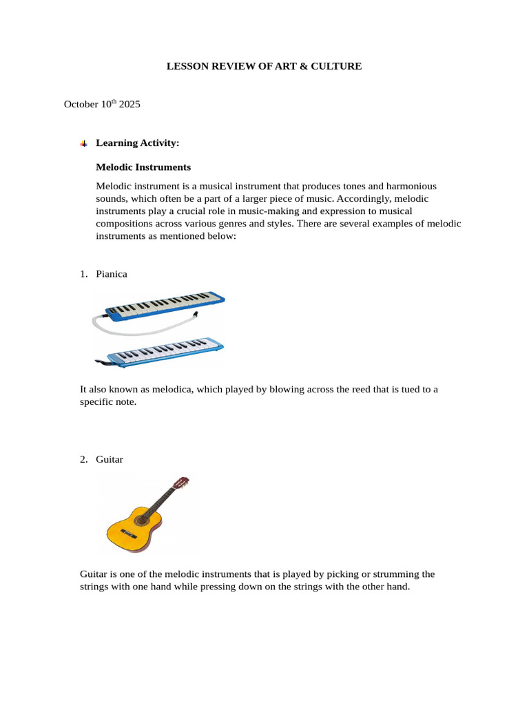 Lesson Review of Art and Culture (Melodic Instruments) | PDF