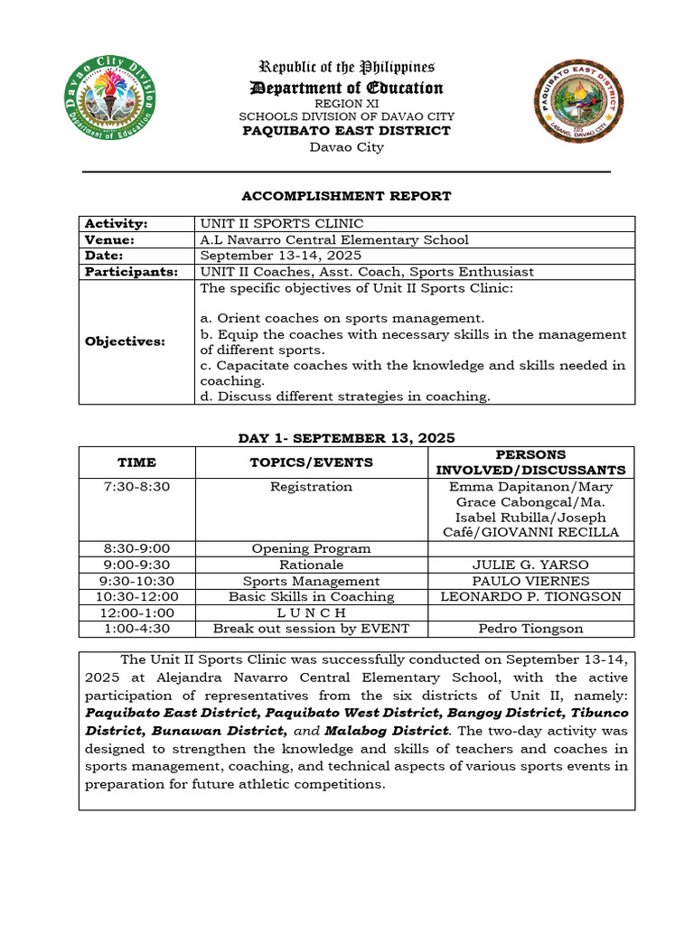 ACCOMPLISHMENT-REPORT UNIT II SPORTS CLINIC | PDF | Teachers | Learning