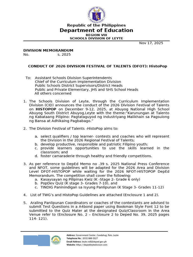 2026 Leyte Division Festival of Talents | PDF | Philippines | Southeast ...