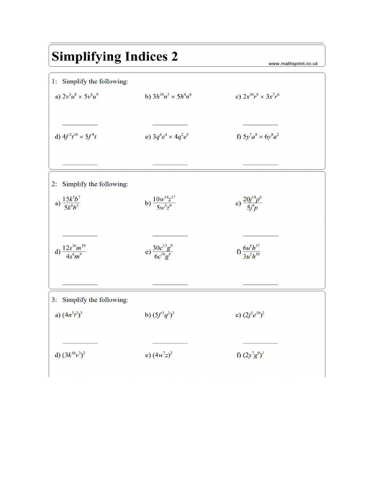Simplifying Indices Worksheet | PDF