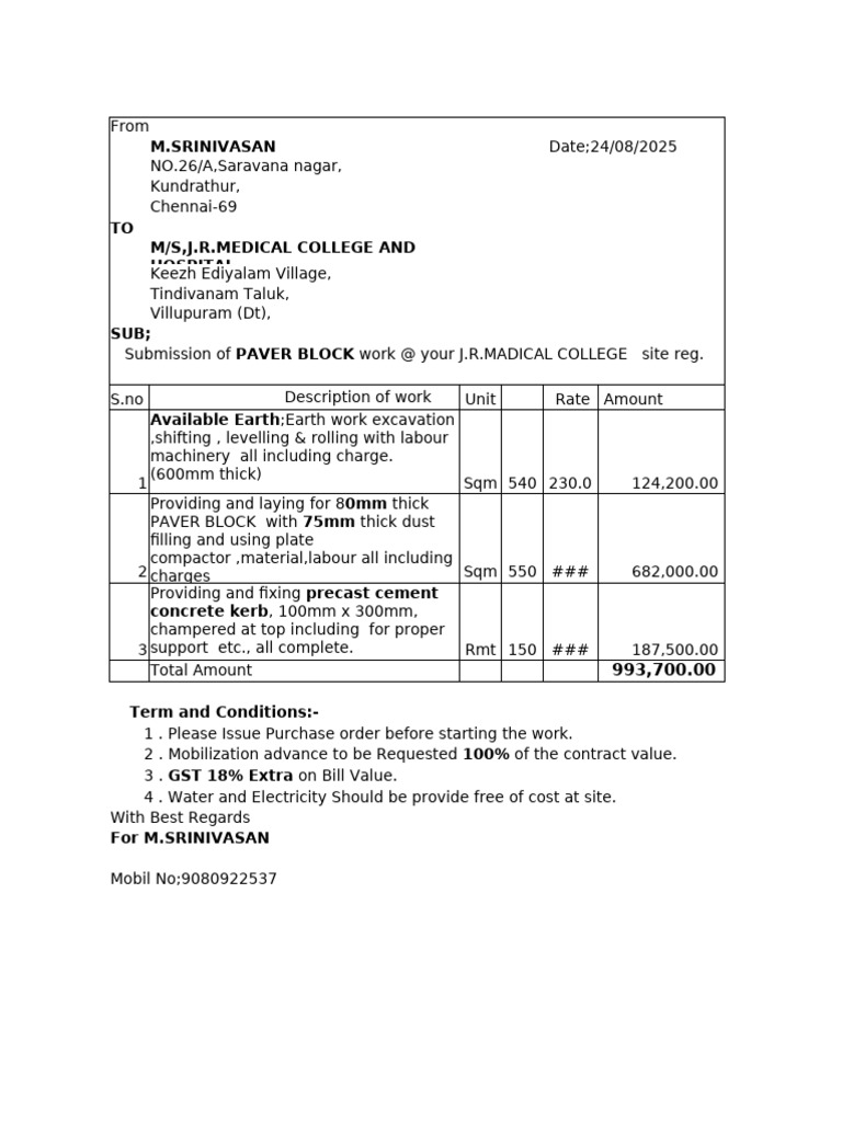 Paver Block Work Proposal for J.R. Medical College | PDF