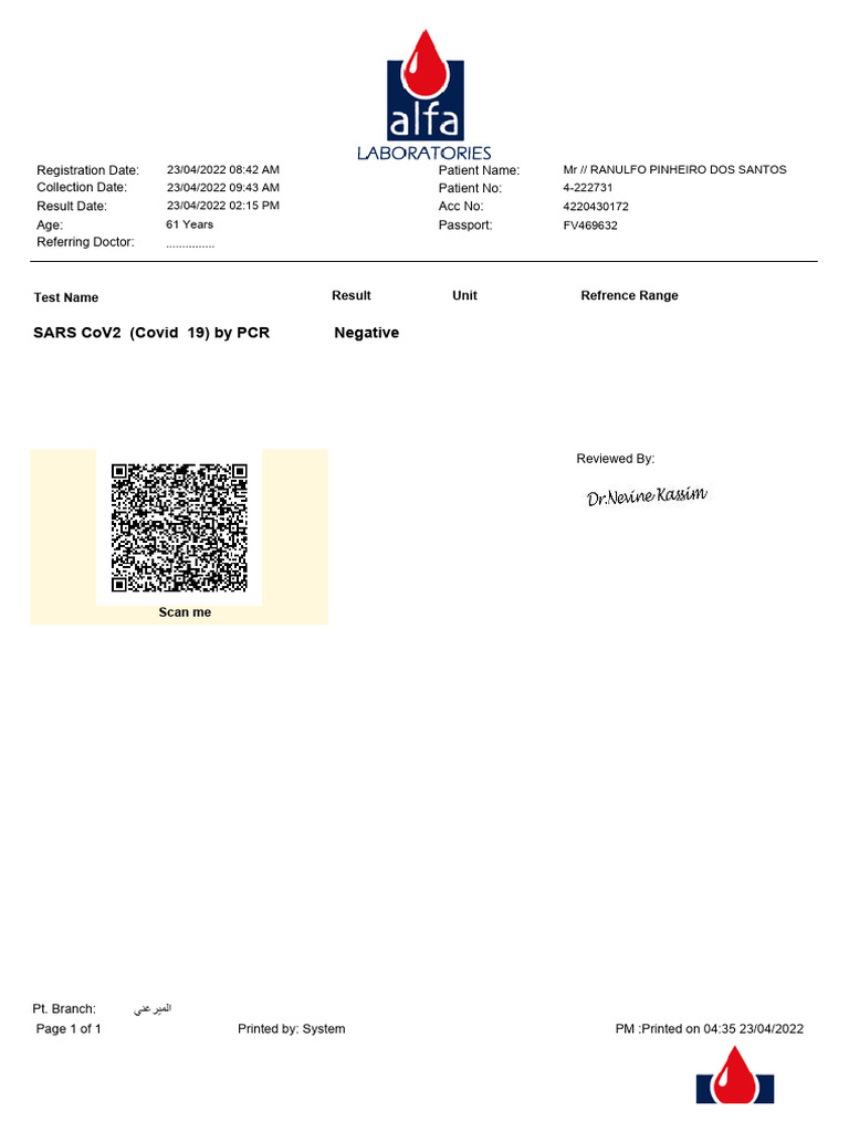 COVID-19 PCR Test Results for Patient | PDF
