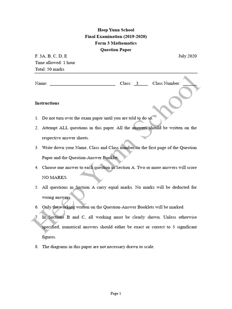 Form 3 Mathematics Exam Paper 2020 | PDF | Elementary Geometry | Geometry