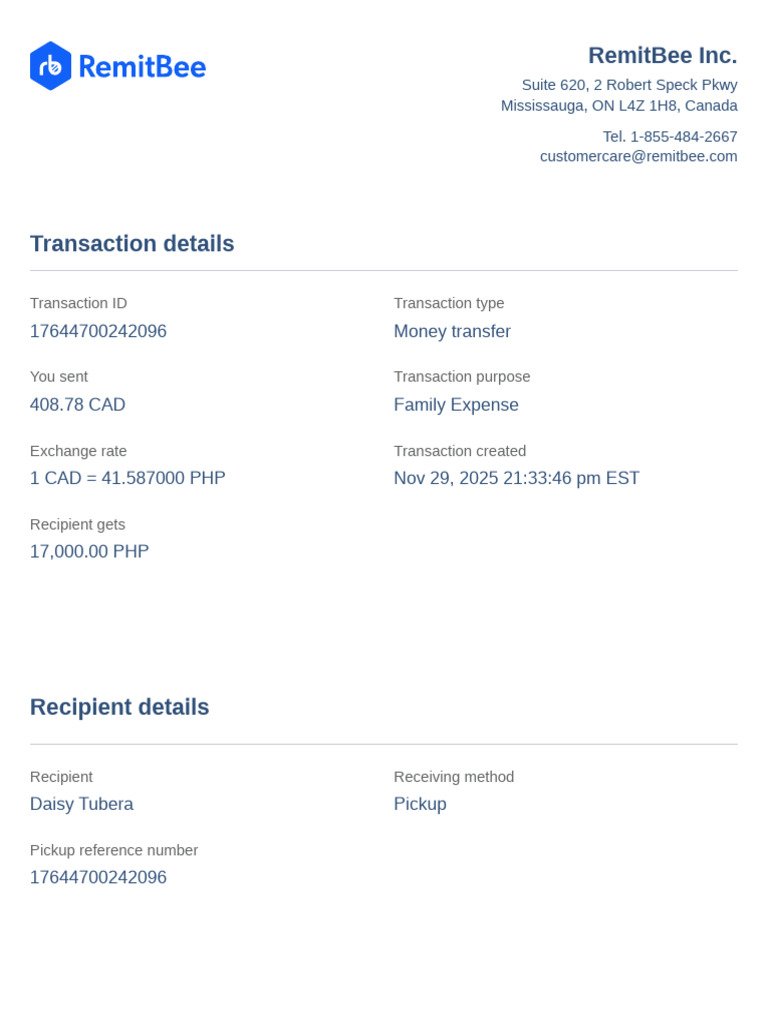 RemitBee Money Transfer Receipt | PDF | Wire Transfer | Money