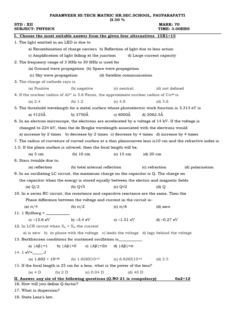 Physics Exam Paper for Class XII | PDF | Electron | Capacitor
