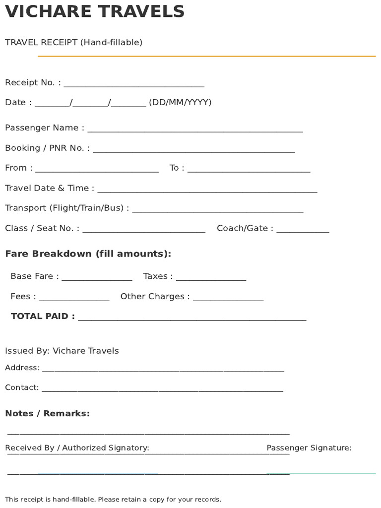 Travel Receipt Vichare Travels Blank | PDF