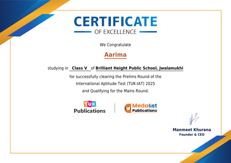 Aarima Qualifies for TUK-IAT Mains 2025 | PDF