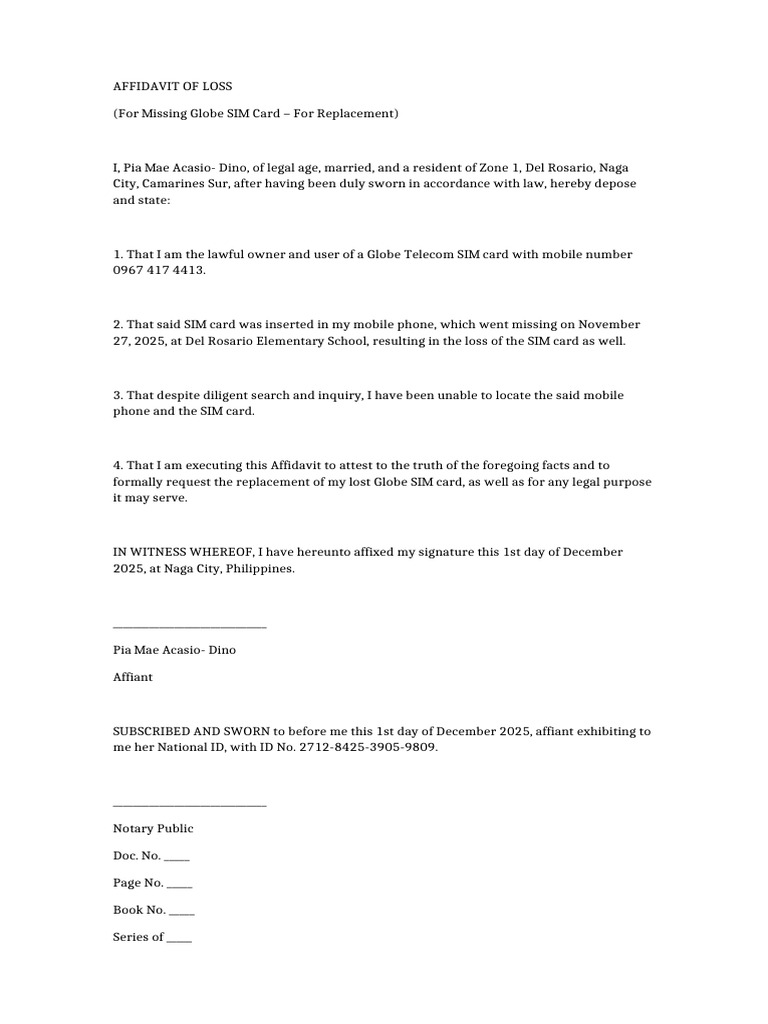 Affidavit of Loss SIM CARD | PDF