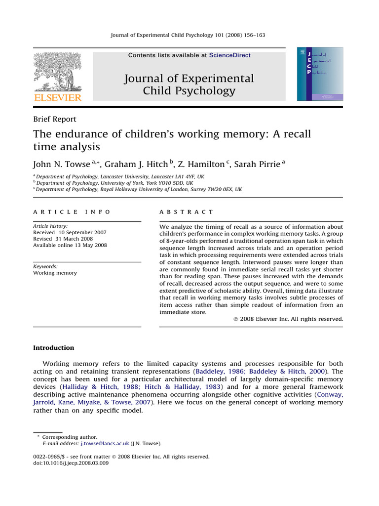 The Endurance of Children’s Working Memory- A Recall Time Analysis ...