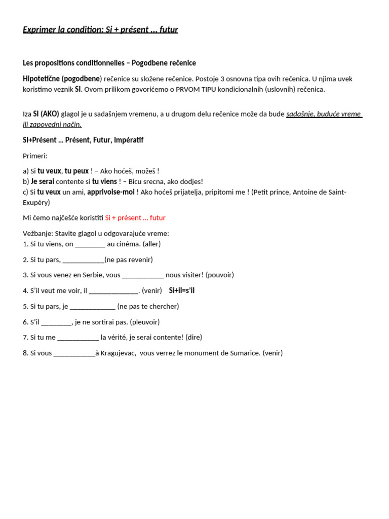 Exprimer La Condition - Si + Present ... Futur | PDF