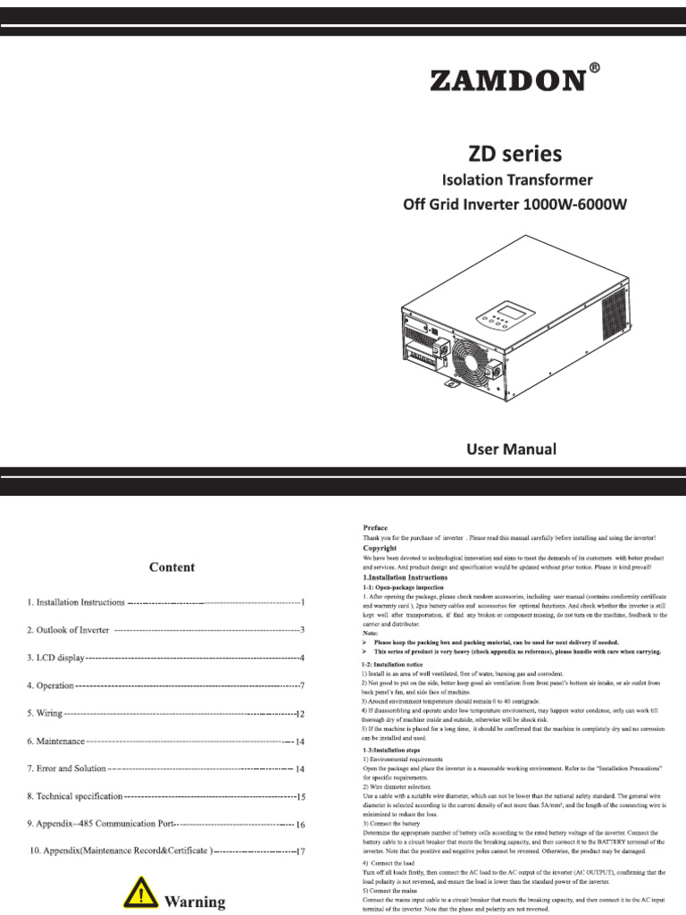 ZD (1000W 6000W) Off Grid Inverter User Manual | PDF