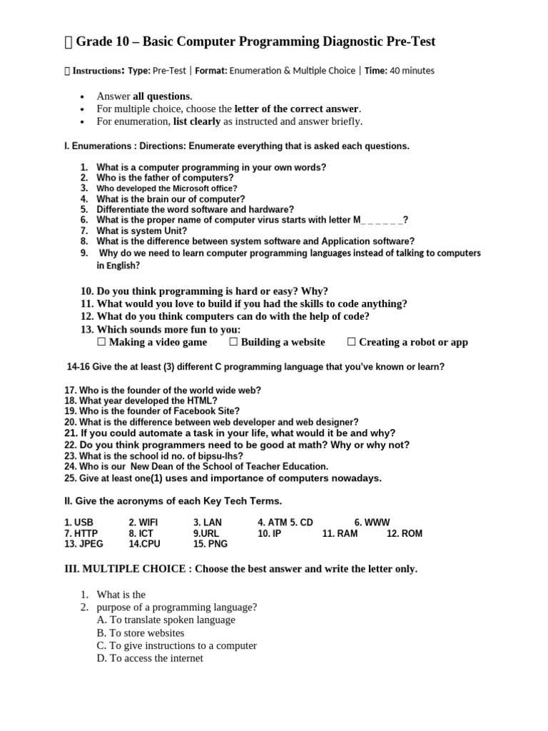 Grade 10 Computer Programming Pre-Test | PDF | Computer Programming ...