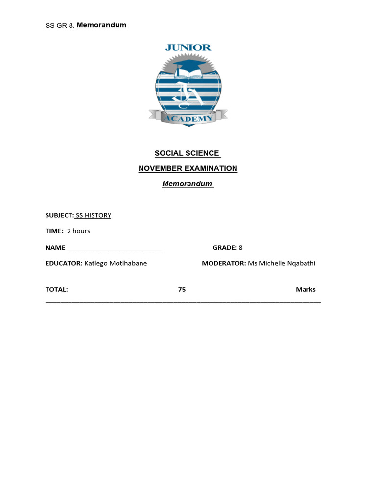 Grade 8 Social Science Exam Memo | PDF | World War I Reparations