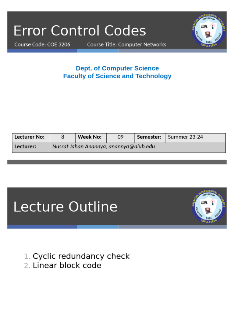 CN Lecture 08 Error Control Codes | PDF | Error Detection And ...