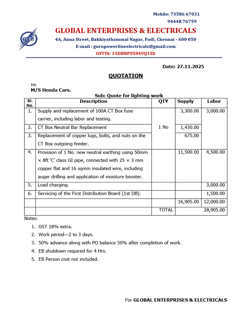 Quotation for Lighting Work Services | PDF