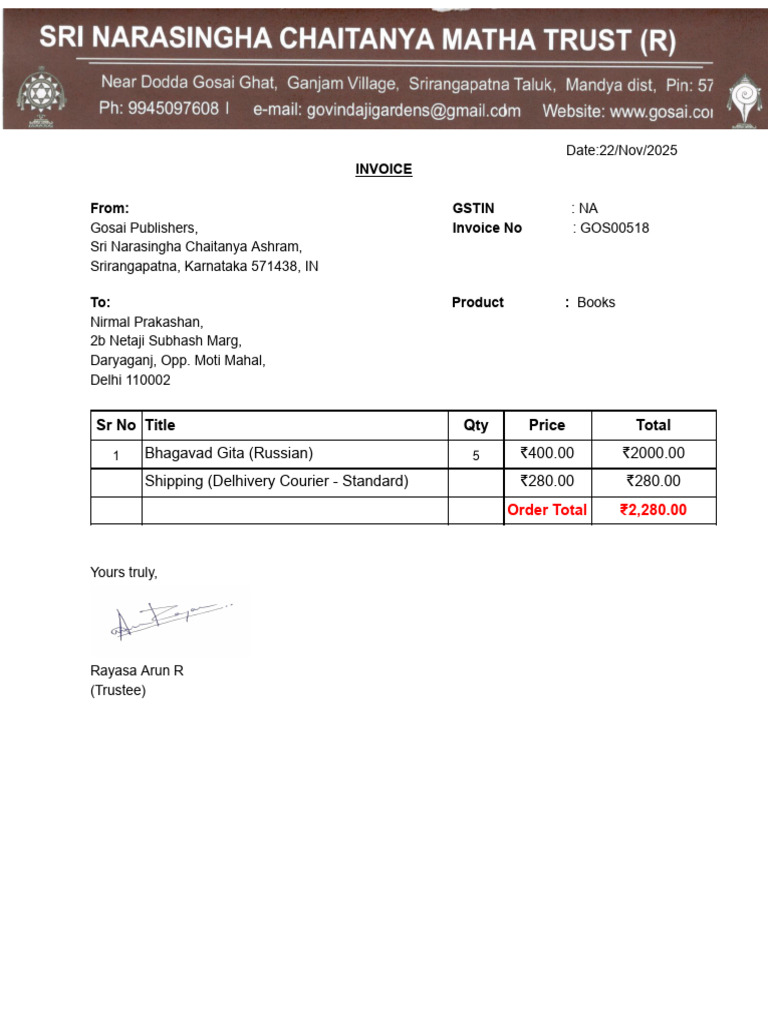 Invoice for Bhagavad Gita Purchase | PDF