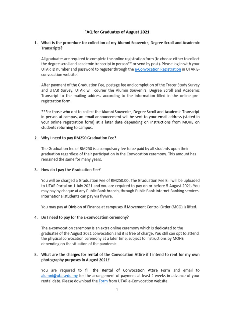 August 2021 Graduation FAQ Guide | PDF | Fee