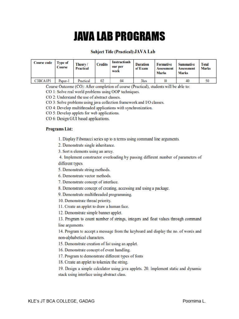 Java Lab Programs for BCA Students | PDF | Typefaces | Computer Engineering