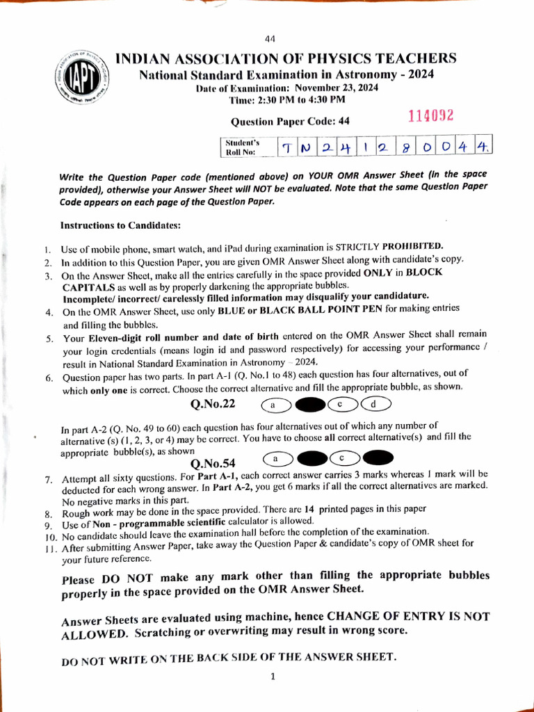 NSEA 2024 Exam Instructions and Details | PDF | Spin (Physics) | Orbit