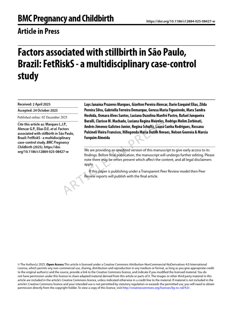 Stillbirth Risk Factors in São Paulo Study | PDF | Prenatal Development ...