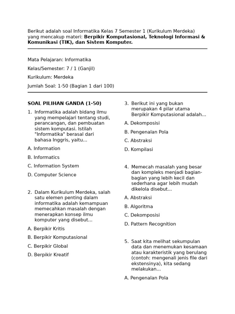 Soal Informatika Kelas 7 Kurikulum Merdeka | PDF
