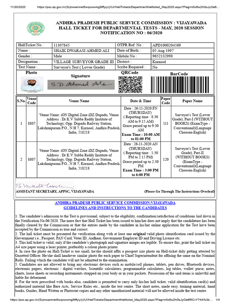 APPSC May 2020 Departmental Test Hall Ticket | PDF