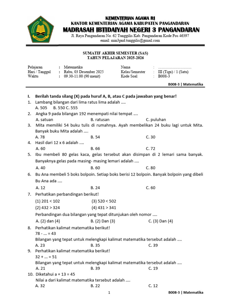 Soal Matematika Kelas 3 Semester 1 | PDF