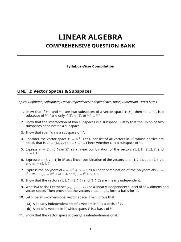 Linear Algebra Question Bank: Syllabus-Wise | PDF | Linear Subspace ...